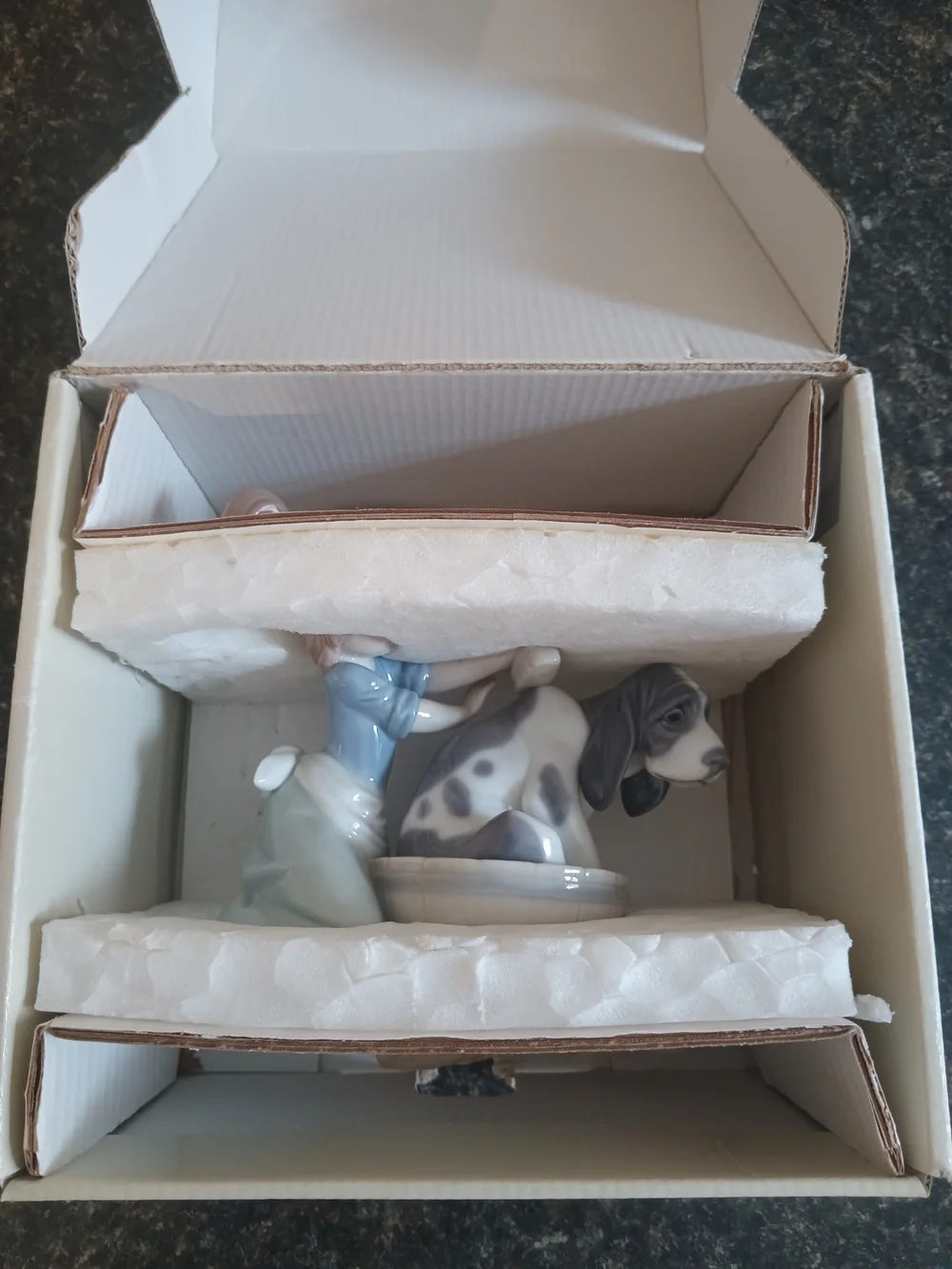LLADRÓ Bashful Bather Porcelain Girl Bathing Dog Figurine - White, Gray, Brown